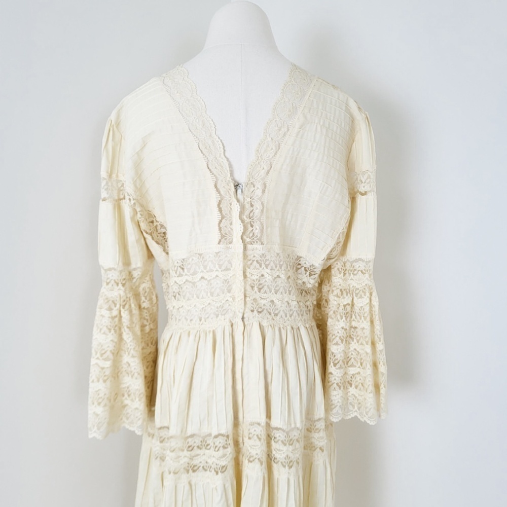 1970's Mexican Wedding Dress Cream Midi Long Sleeve Lace Pleats V-neck Tiered - Picture 11 of 16